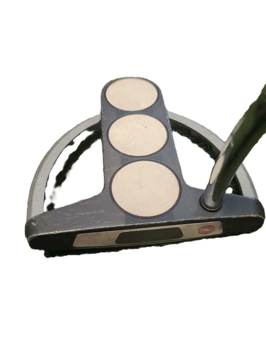 Close-up of a golf putter with three white putter heads on a white background